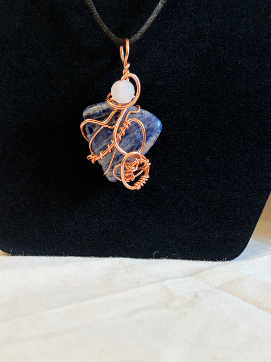 Sodalite & Rose Quartz Copper-Wrapped Pendant